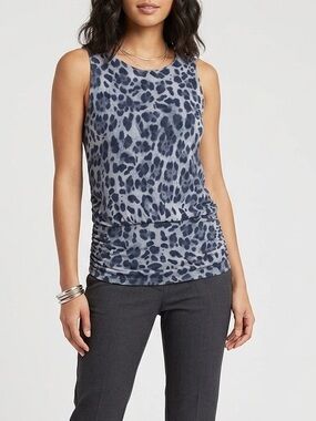 PO Animal Print Ruched Sleeveless Top Size M Grey Blue Leopard Print Stretchy